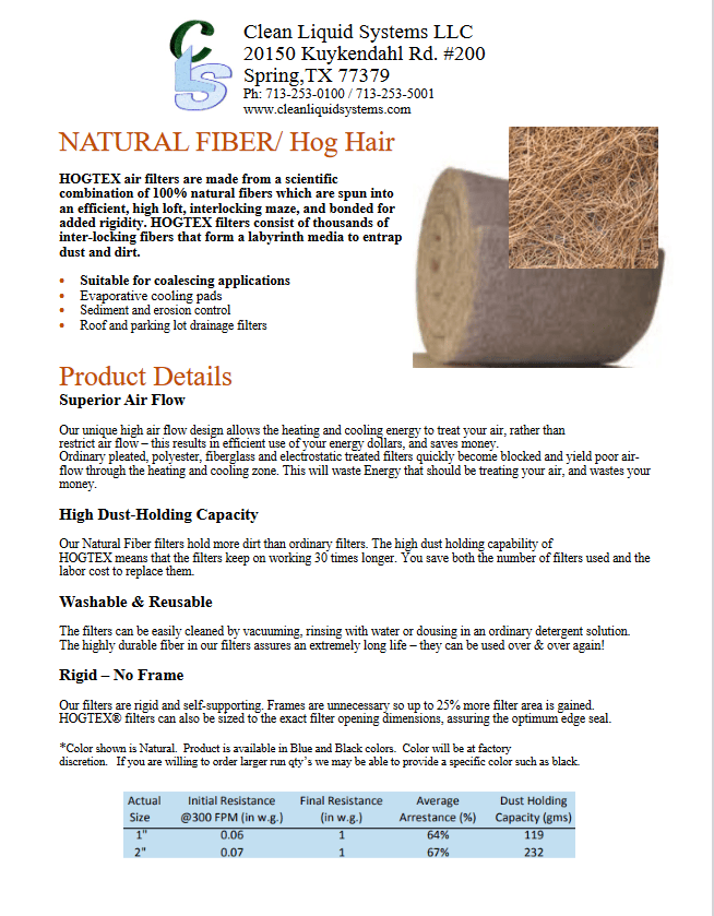 Hogs Hair (Natural Fiber media)
